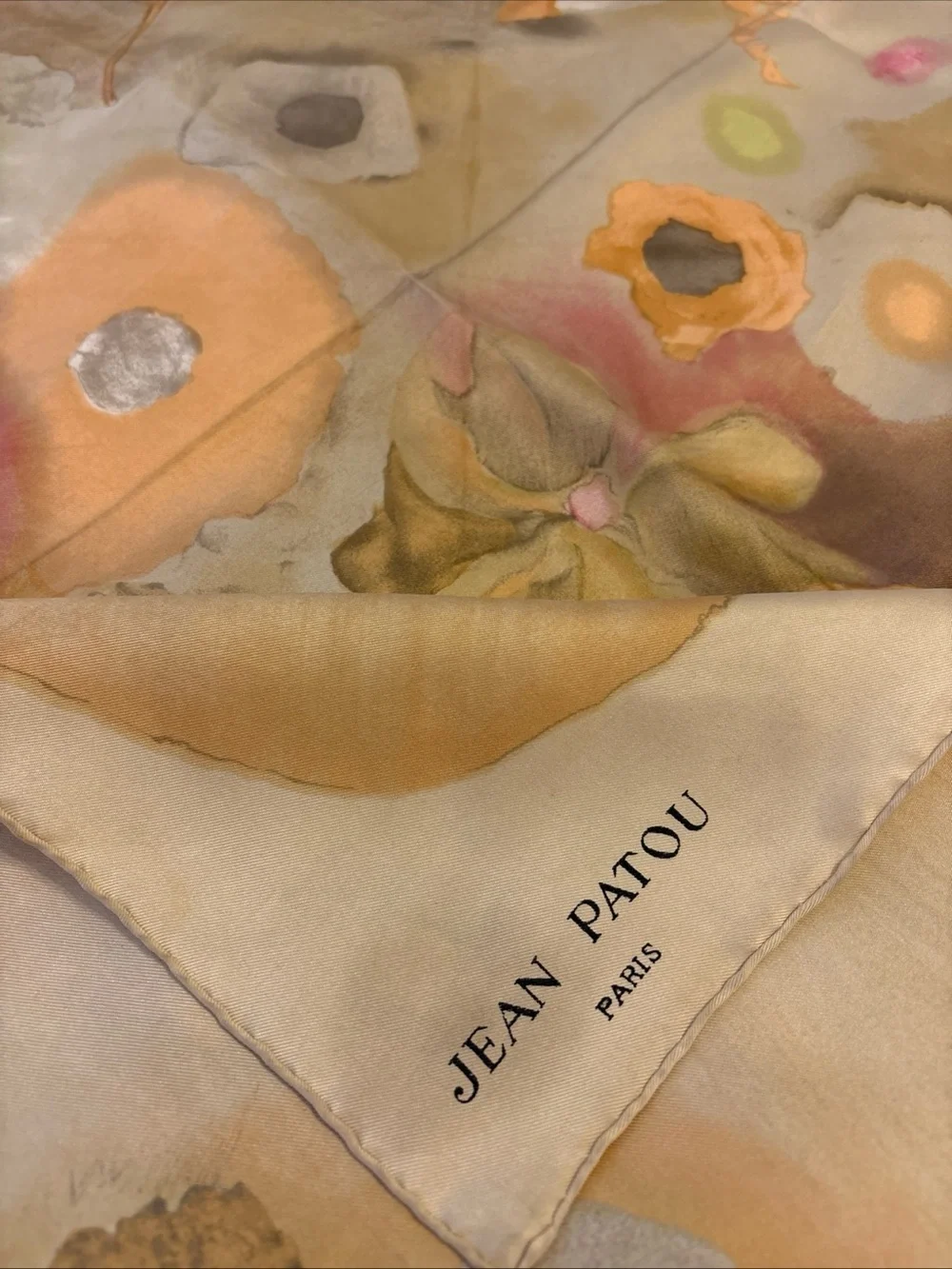 Vintage JEAN PATOU Paris 1970s Silk Scarf Watercolor Bouquet